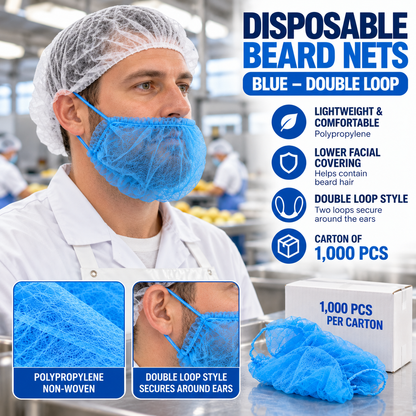 Disposable Beard Nets – Blue & White – 1000 Pack