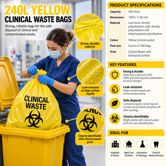 240L Yellow Clinical Waste Bags - 100pcs