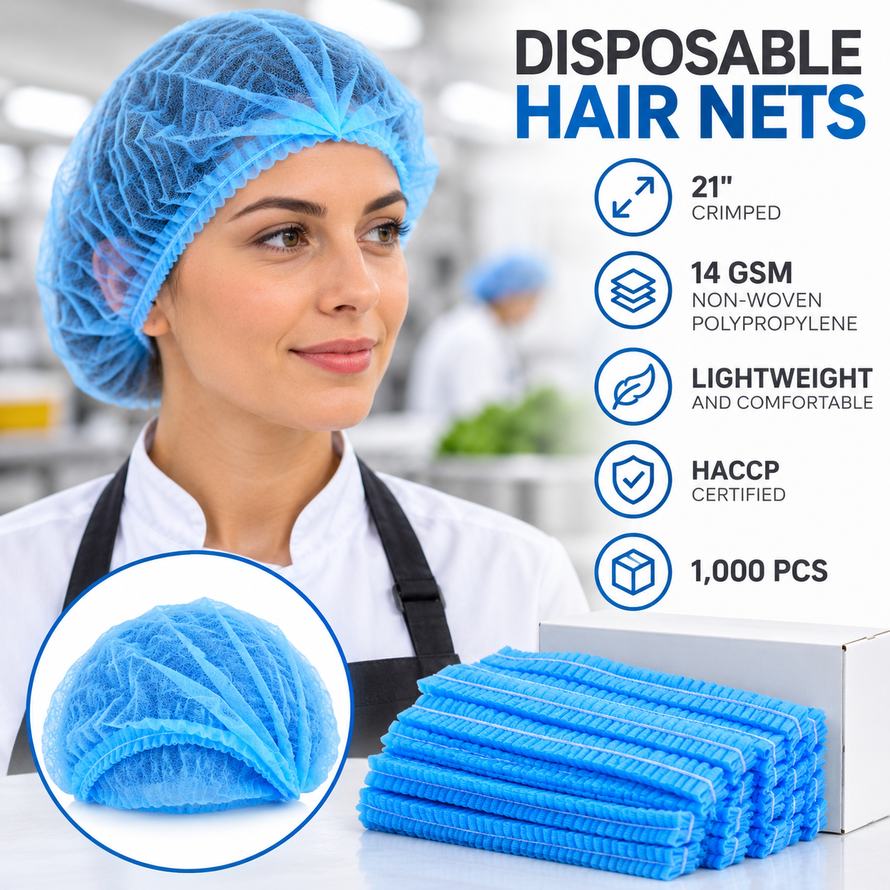 Disposable Hair Nets – Blue Crimped 21" – 1000 Pack